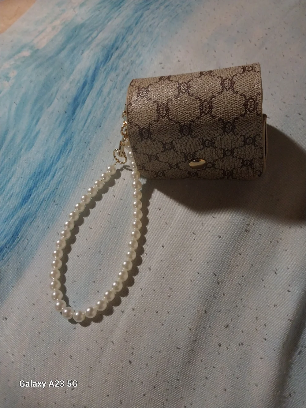 Unbranded Faux Pearl Wristlet Mini Bag/Lipstick Holder/Wallet- Beige Monogram